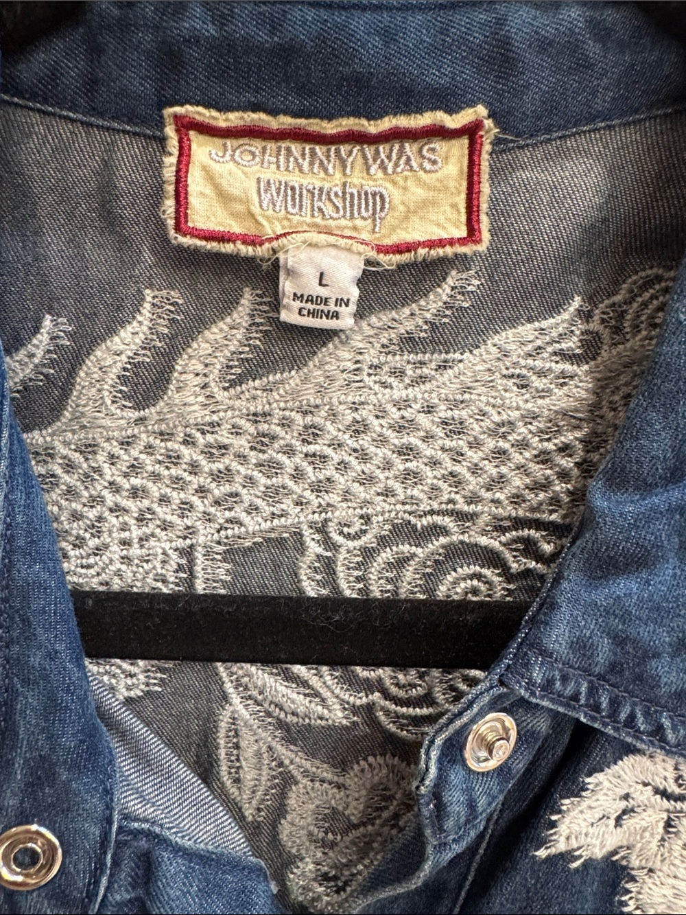 Johnny Was Denim Shirt with White Embroidery - Dragon on the Back Size Large - Picture 2 of 6